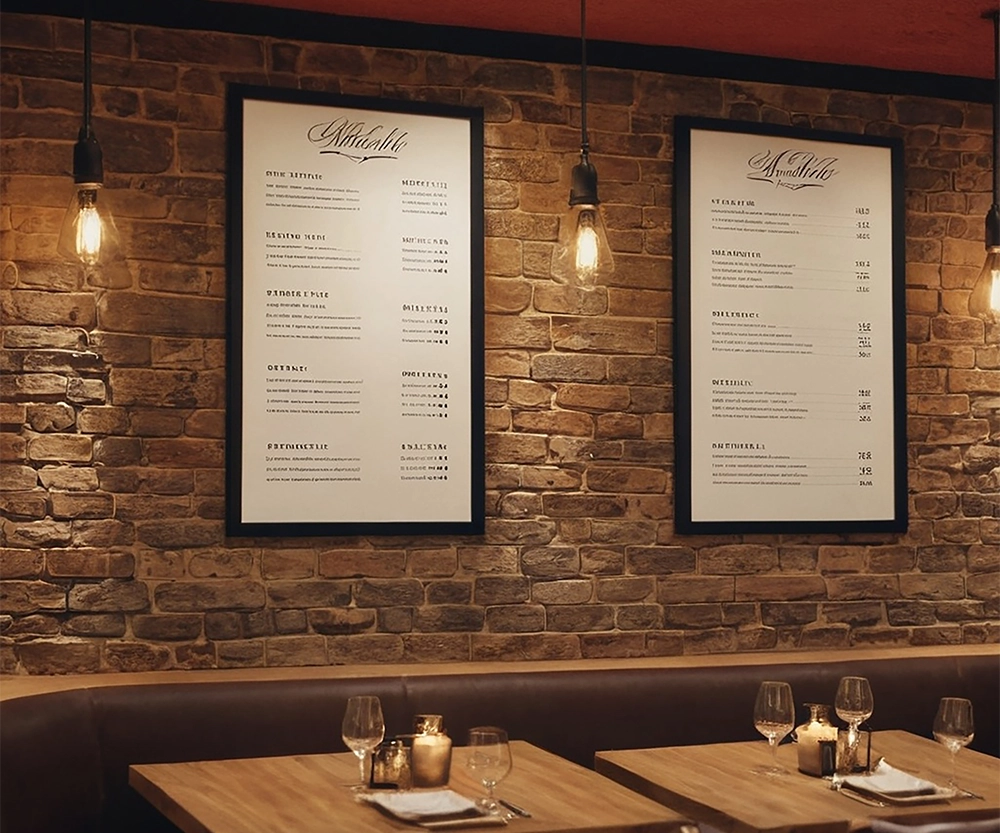 Ścienne menu w restauracji, wydrukowane na PCV.
