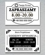 Biała tablica reklamowa Dibond z informacją otwarte