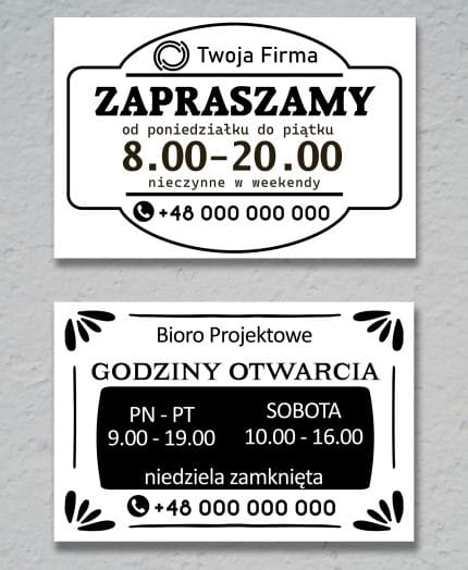 Biała tablica reklamowa Dibond z informacją otwarte