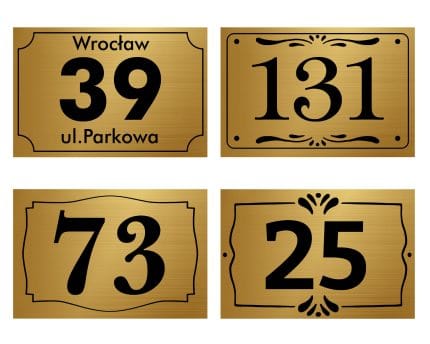 Złota tablica reklamowa Dibond szczotkowana z numerem budynku