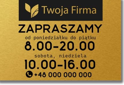 Złota szczotkowana tablica reklamowa Dibond z godzinami otwarcia
