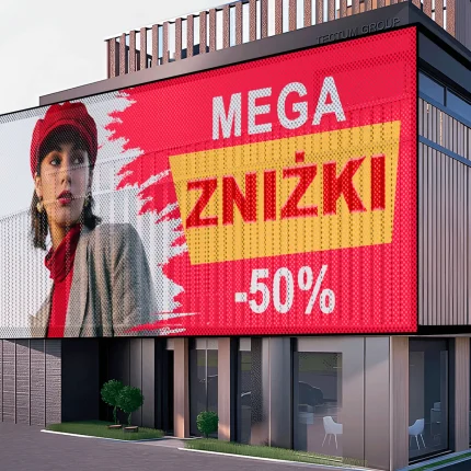 Baner mesh mega zniżki -50% – kobieta w czerwonym