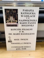 Tablica informacyjna o mszach z grafiką ołtarza, druk UV na kompozytowej płycie