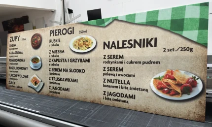 Szyld z sekcją zupy, pierogi i naleśniki, druk UV na płycie pleksi