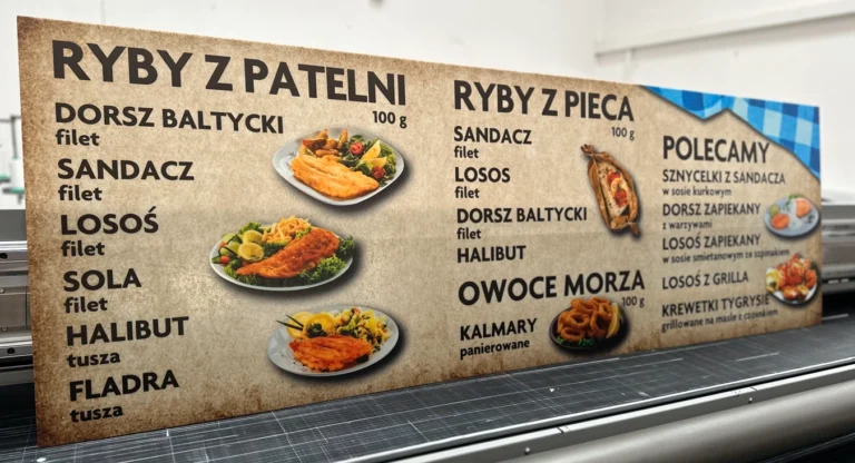 Szyld restauracyjny z daniami rybnymi i grafiką, druk UV na pleksi