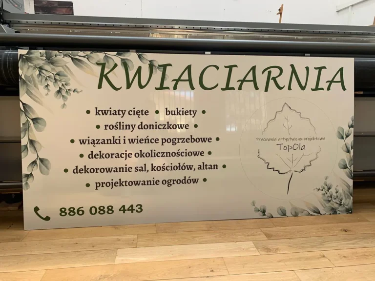 Tablica reklamowa UV i szyld kolorowy z nadrukiem florystycznym