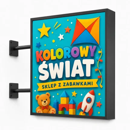 Antracytowy kaseton reklamowy dwustronny LED dla sklepu z zabawkami