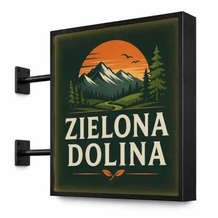 Kaseton reklamowy dwustronny z czarnego dibondu dla obiektu turystycznego