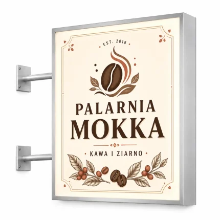 Kaseton reklamowy dwustronny ze srebrnego dibondu dla kawiarni