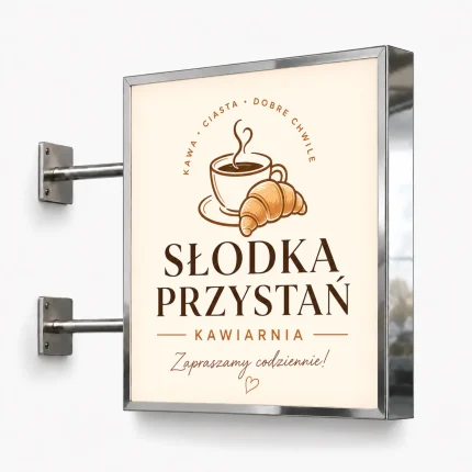 Kaseton dwustronny LED ze srebrnego lustrzanego dibondu dla kawiarni