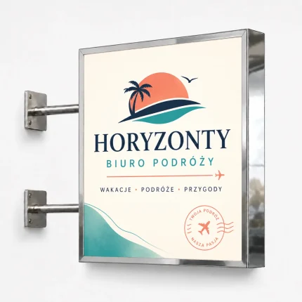 Kaseton dwustronny LED ze srebrnego lustrzanego dibondu dla biura podróży