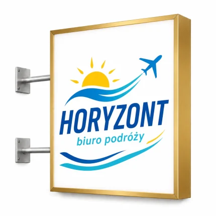 Kaseton reklamowy dwustronny ze złotego szczotkowanego dibondu dla biura podróży