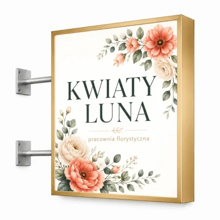 Kaseton reklamowy dwustronny ze złotego szczotkowanego dibondu dla pracowni florystycznej