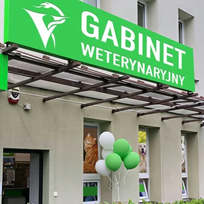 Zielony kaseton reklamowy Gabinet Weterynaryjny z logo zwierząt i balonami