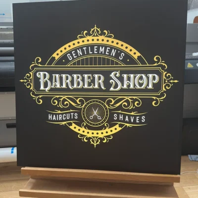 Tablica reklamowa Barber Shop w stylu retro z żółtym zdobieniem, tablice i szyldy reklamowe