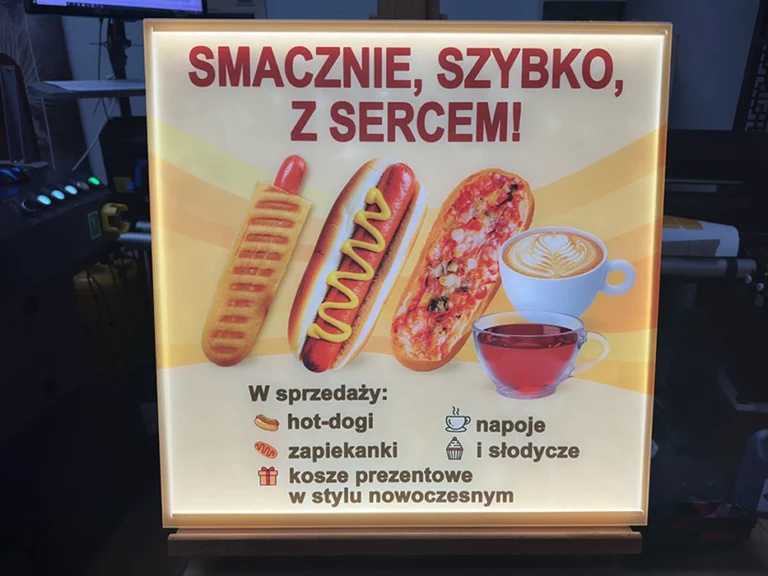 Tablice i szyldy reklamowe – podświetlana tablica „Smacznie, szybko, z sercem!” z ofertą