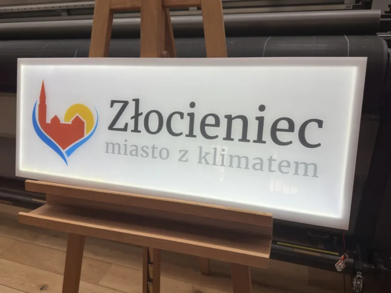 Podświetlany szyld reklamowy Złocieniec miasto z klimatem, tablice i szyldy reklamowe