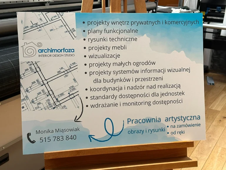Tablica z ofertą pracowni archimorfoza, projekty wnętrz i wizualizacje, tablice i szyldy reklamowe