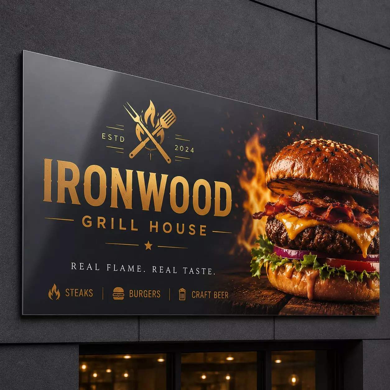 Antracytowy szyld z dibondu do oznakowania burgerowni Szyld reklamowy z dibondu antracytowy dla burgerowni