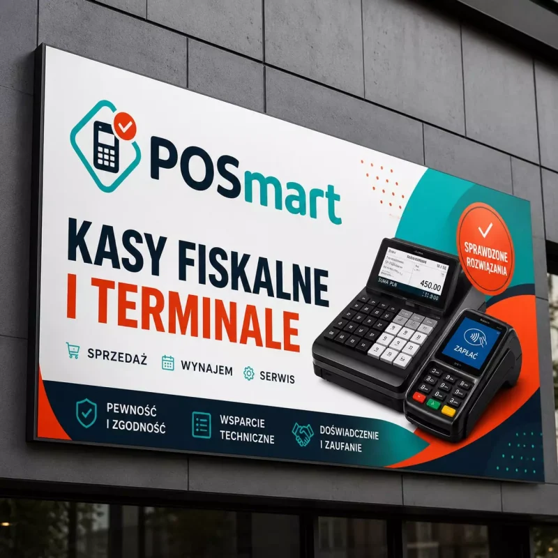 Biały szyld z dibondu do punktu z terminalami płatniczymi