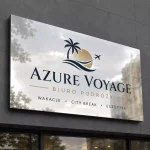 Szyld reklamowy z dibondu srebrny lustrzany dla biura podróży
