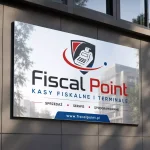 Szyld reklamowy z dibondu srebrny lustrzany dla punktu fiskalnego