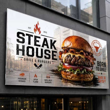 Szyld reklamowy z dibondu srebrny lustrzany dla restauracji