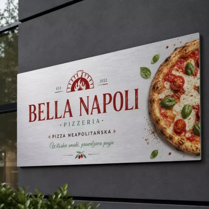 Szyld reklamowy z dibondu srebrny szczotkowany dla pizzerii