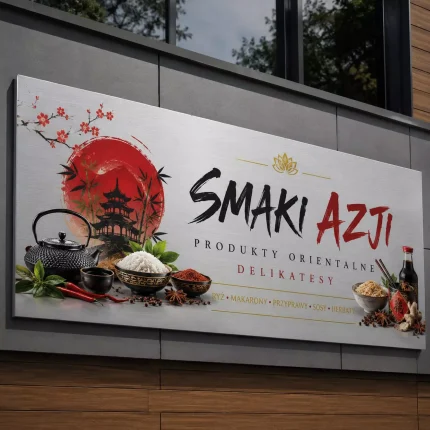 Szyld reklamowy z dibondu srebrny szczotkowany dla restauracji azjatyckiej