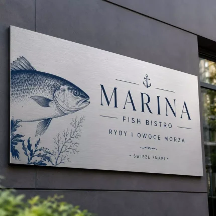 Szyld reklamowy z dibondu srebrny szczotkowany dla restauracji
