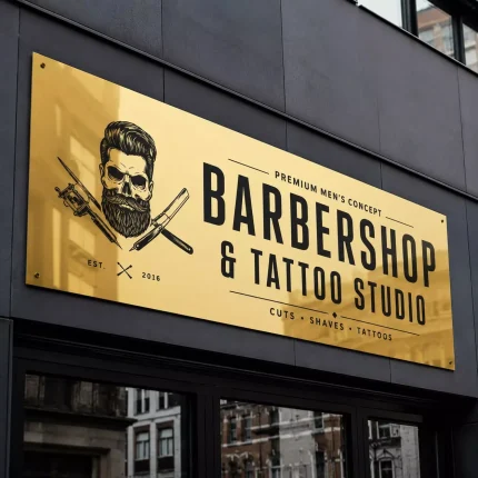 Szyld reklamowy z dibondu złoty lustrzany dla barbershopu