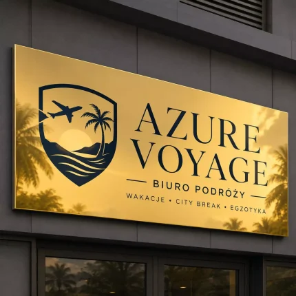 Szyld reklamowy z dibondu złoty lustrzany dla biura podróży