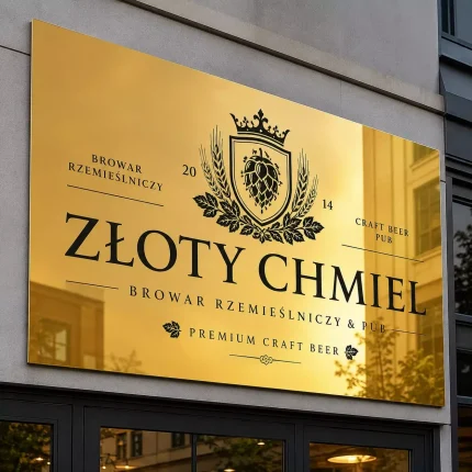 Szyld reklamowy z dibondu złoty lustrzany do pubu