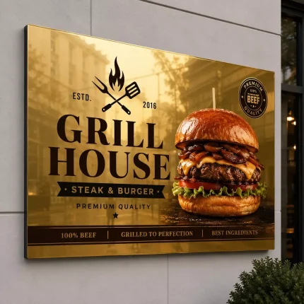 Szyld reklamowy z dibondu złoty lustrzany dla restauracji