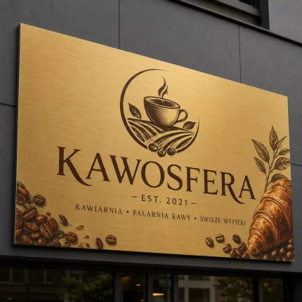 Szyld reklamowy z dibondu złoty szczotkowany do kawiarni