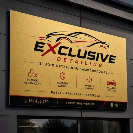 Szyld reklamowy z dibondu złoty szczotkowany dla detailingu