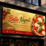 Szyld reklamowy z dibondu złoty szczotkowany dla pizzerii