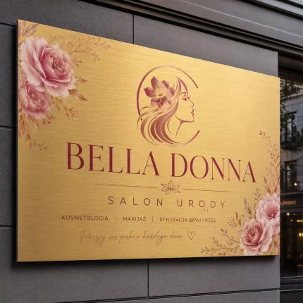 Szyld reklamowy z dibondu złoty szczotkowany dla salonu urody