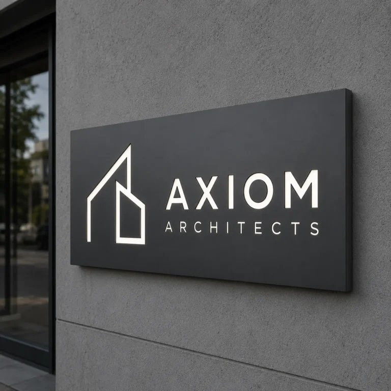 Kaseton reklamowy z dibondu z frezowanym logo dla architektów