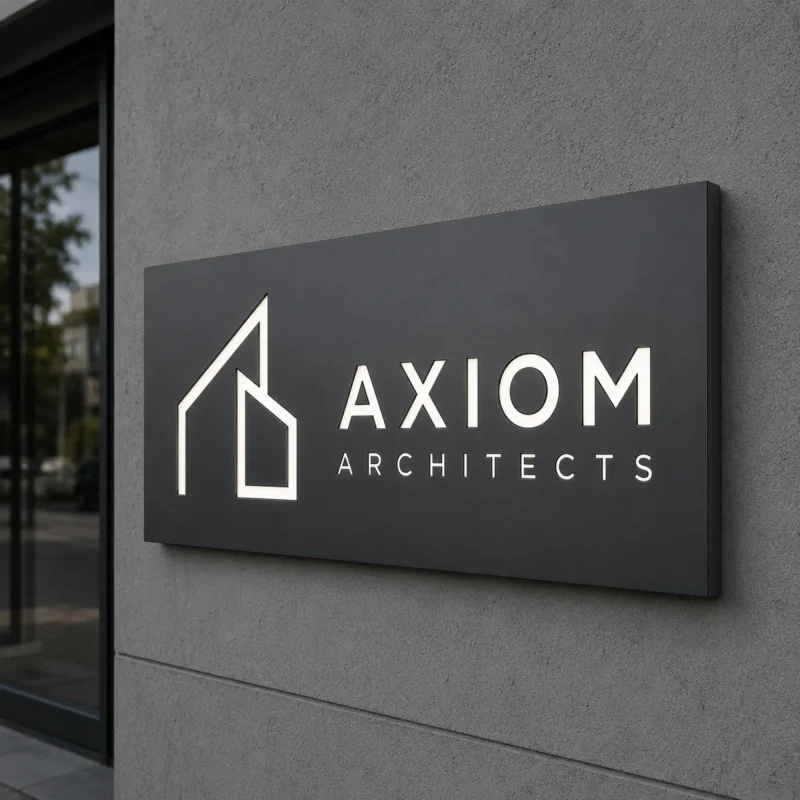 Kaseton reklamowy z dibondu z frezowanym logo dla architektów