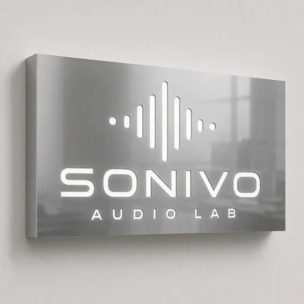 Podświetlany kaseton z dibondu srebrny lustrzany dla studia audio