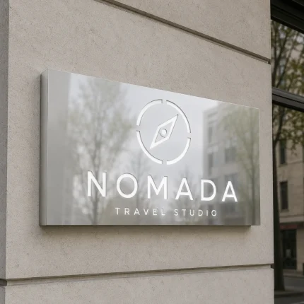 Szyld reklamowy z dibondu srebrny lustrzany dla biura podróży