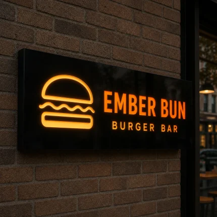 Kaseton z dibondu z kolorowymi napisami LED dla burgerowni