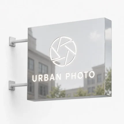 Kaseton reklamowy dwustronny frezowany ze srebrnego lustrzanego dibondu dla studia fotograficznego