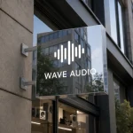 Kaseton reklamowy dwustronny frezowany ze srebrnego lustrzanego dibondu dla studia audio