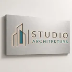 Srebrny kaseton z dibondu z logo dla studia architektury