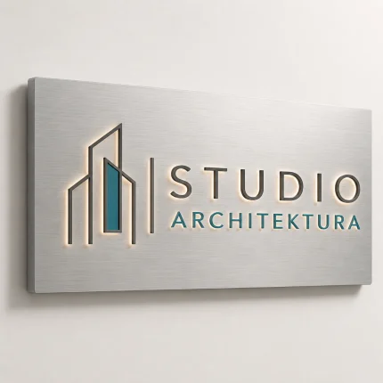 Srebrny kaseton z dibondu z logo dla studia architektury