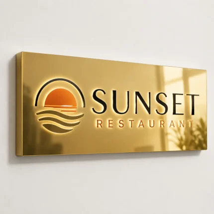 Złoty lustrzany kaseton z dibondu z logo dla restauracji