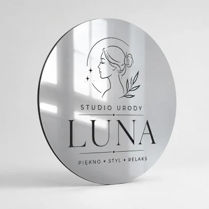 Srebrny lustrzany szyld z dibondu dla salonu urody