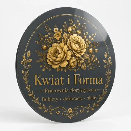 Okrągły szyld z dibondu dla pracowni florystycznej